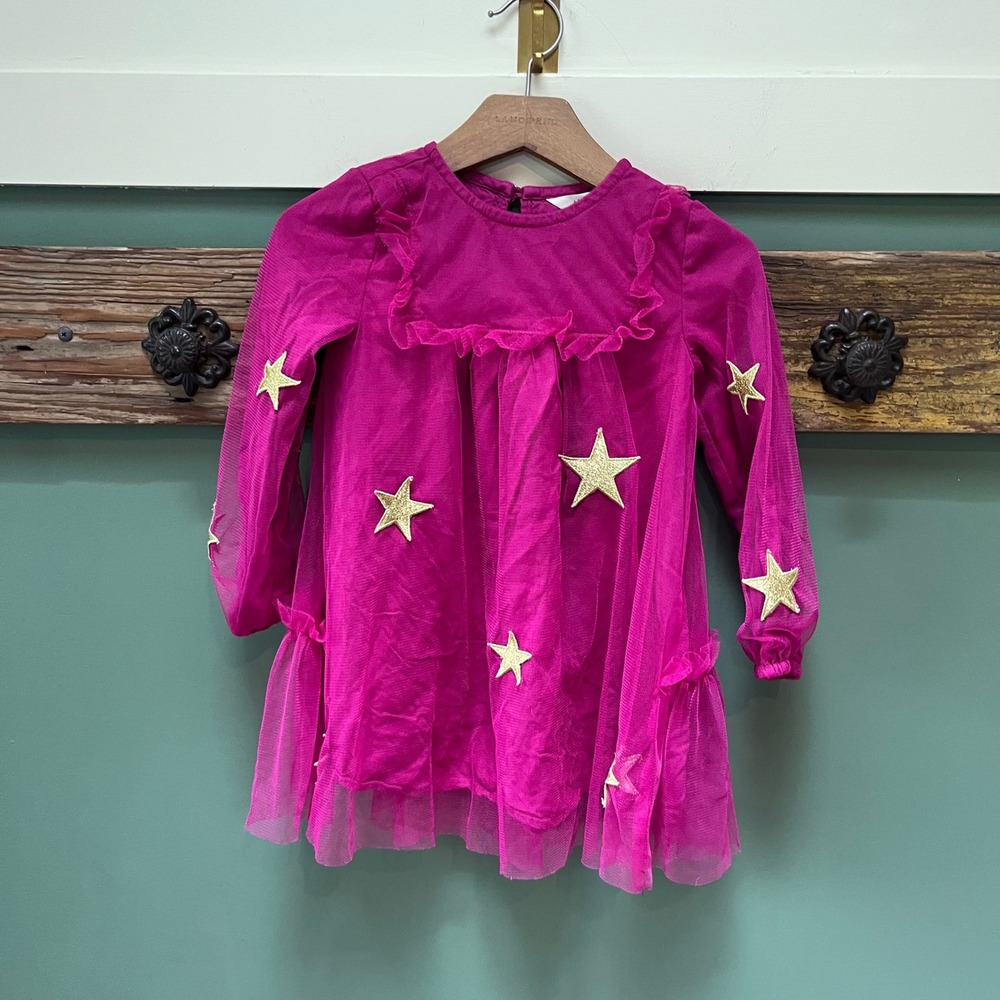 Matilda Jane Girls Magenta Pink Tulle Gold Star Long Sleeve Party Dress Size 4